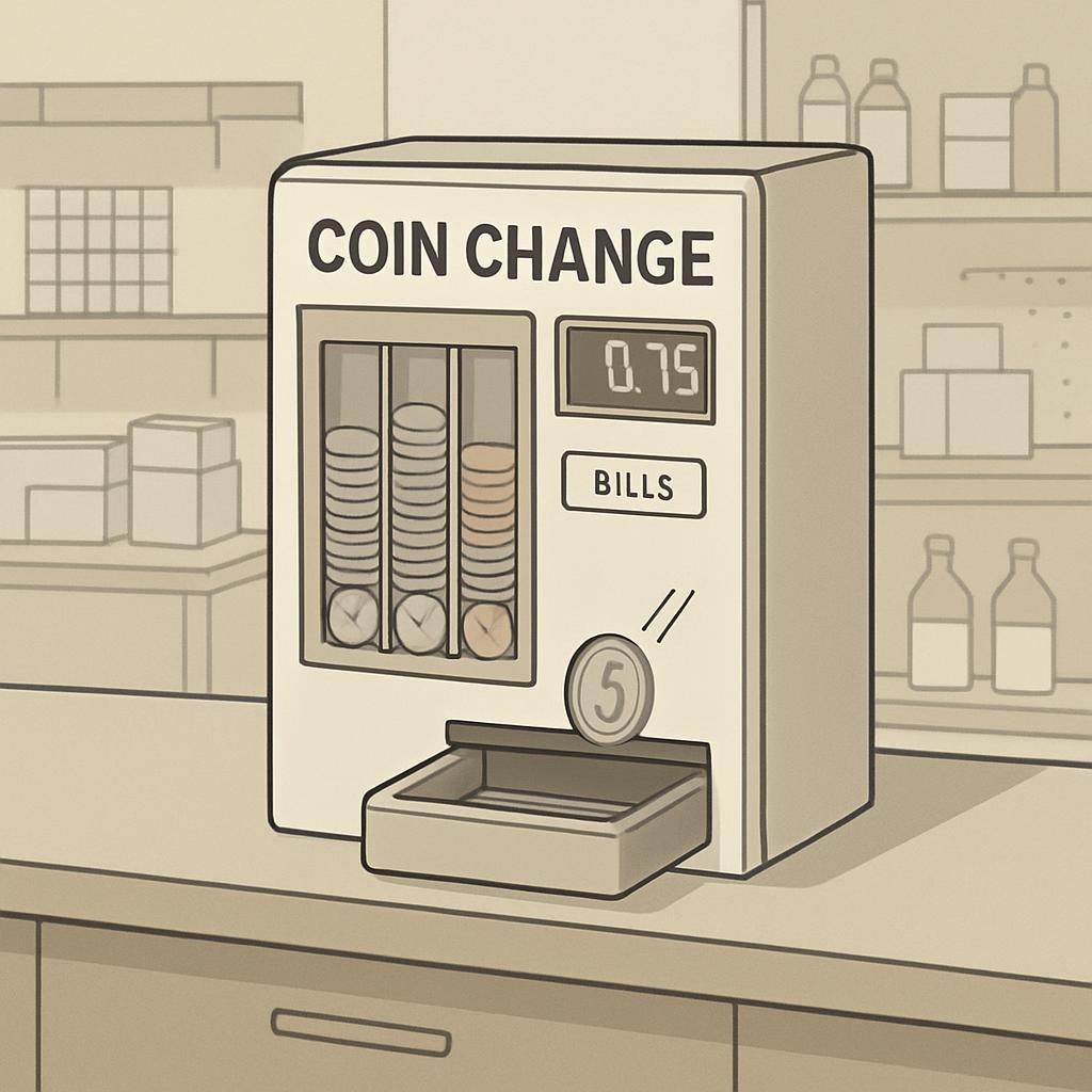 Monochromatic illustration of an automated coin machine, featuring a clear glass window and a digital display with the tex...