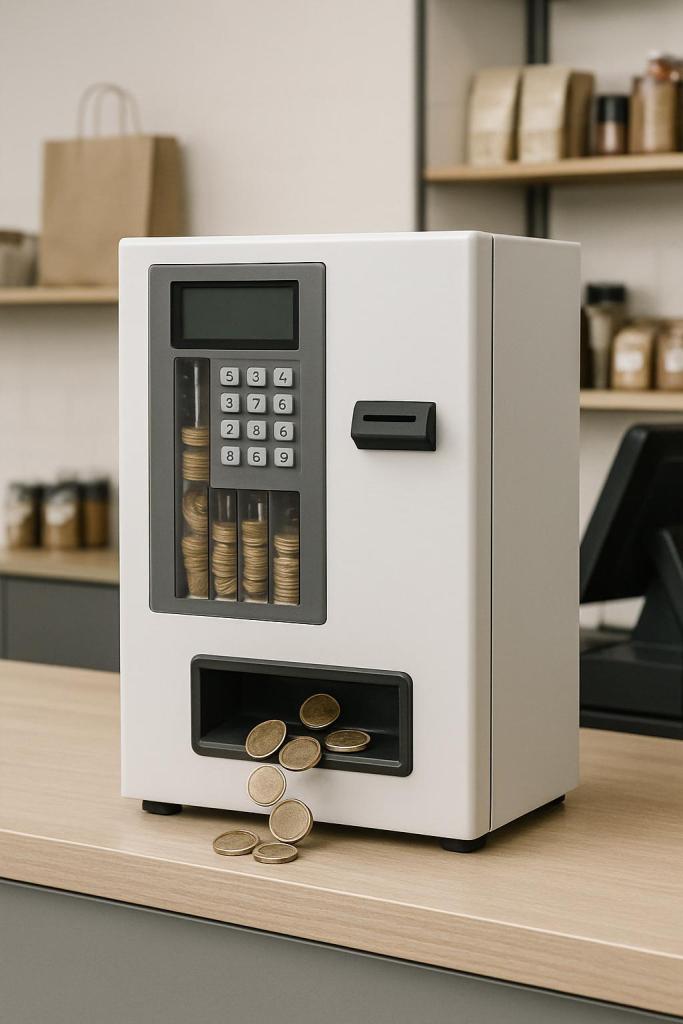 The machine is a white coin machine used by stores for cash payments.