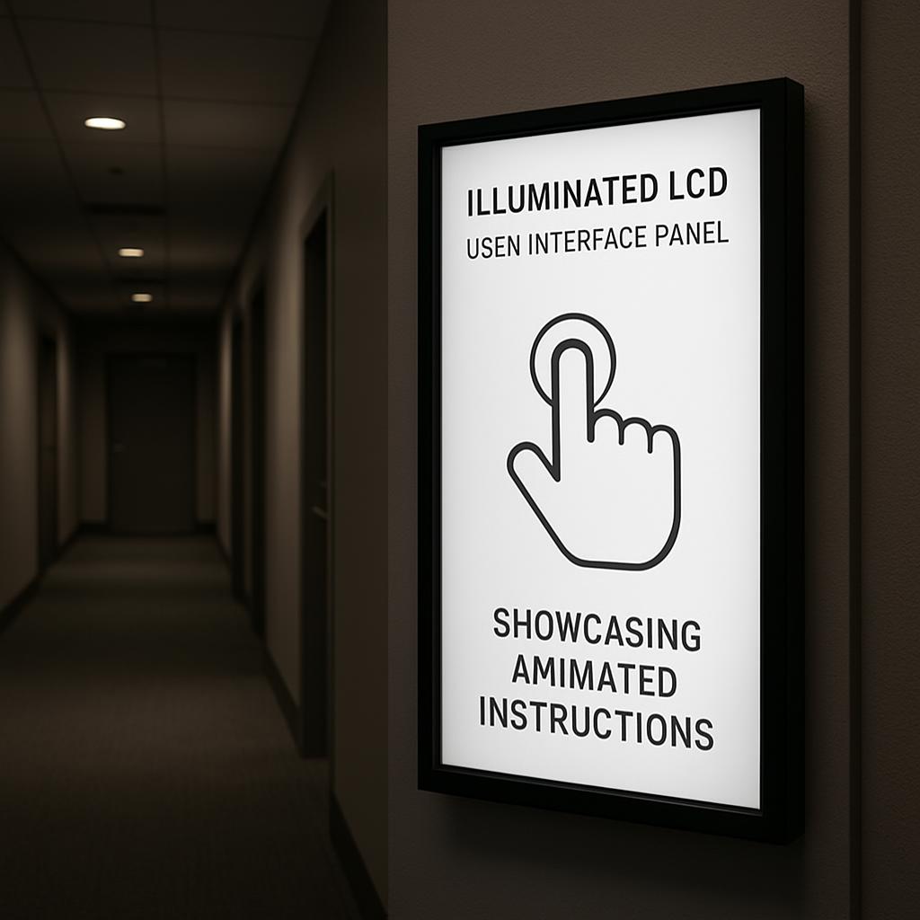 A sign is illuminated in an office hallway. An exterior close-up of illuminated electrical components contained within a m...