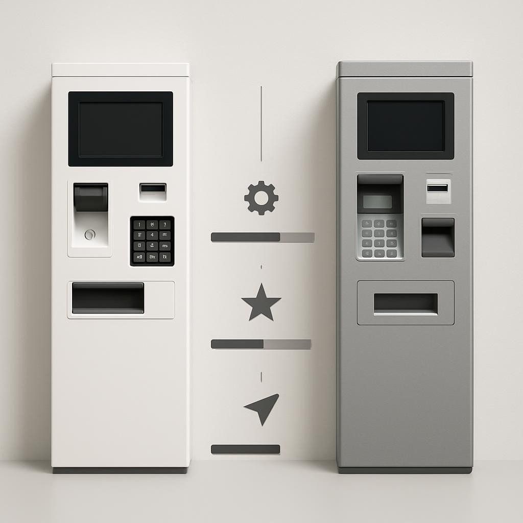 一張自動收費機的規格比較圖，圖表式視覺設計，左側代表我牌自動收費機，右側代表他牌自動收費機，以直觀的圖示或欄位分別呈現功能、品質與特色對照，給人明確的比較印象。